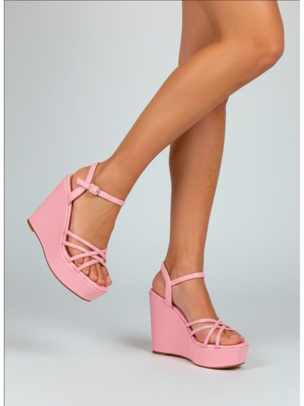 Pink Strappy Platform Wedge Sandals With Adjustable Ankle Strap For Women